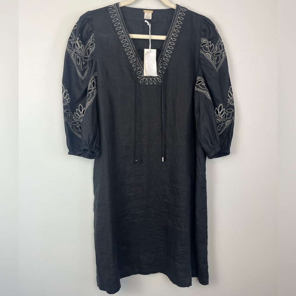 Magaschoni Black Linen Midi Dress with White Embroidery Accents